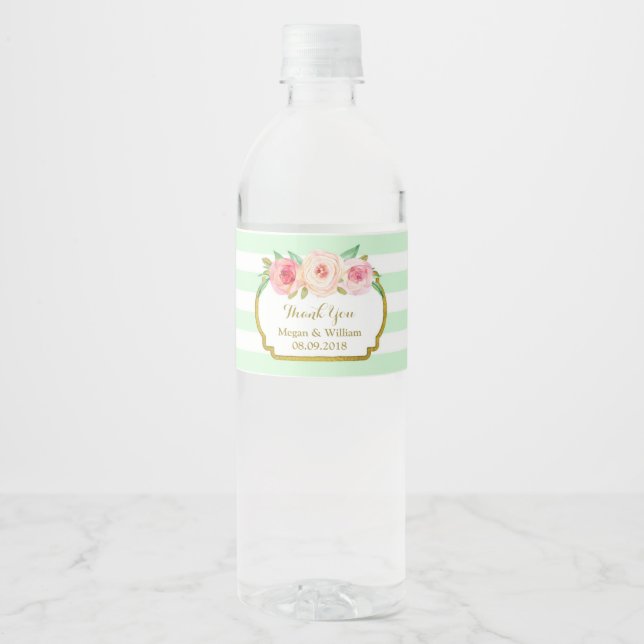 Minze grüne Streifen Floral Gold Flasche Etikett (Vorderseite)