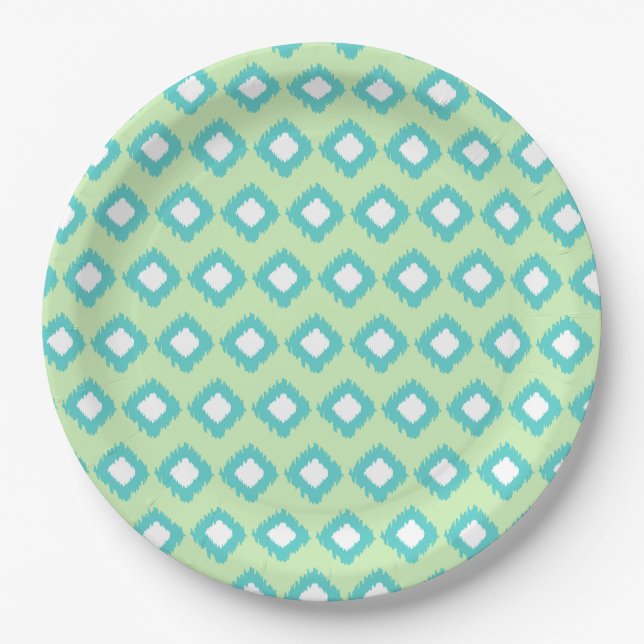 Minze grüne und Aquamarine Ikat-Muster Pappteller (Vorderseite)