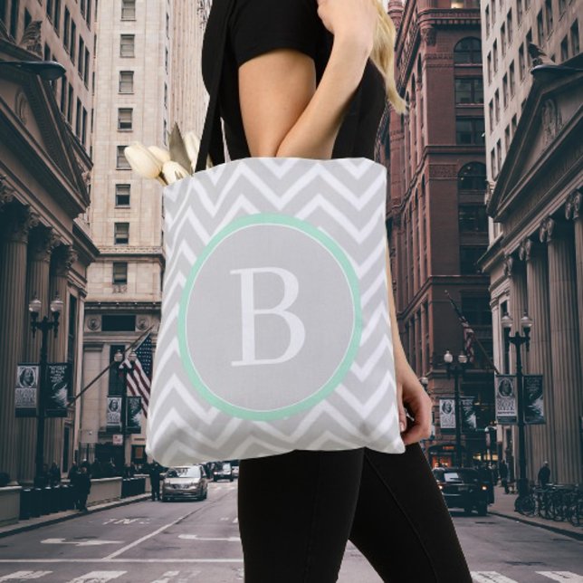 Minze grüne Zickzack Monogram Tote Bag Tasche (Mint Green Chevron Monogram Tote Bag)