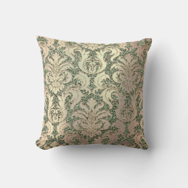 Minze grünes Metall Damask Rose Lachs Pearl Glitze Kissen (Vorderseite)