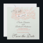 Minze Grünkoralle Rosa Save the Date Vintag<br><div class="desc">Eleganter Vintager Vogel Speichern Sie die Datumskarten mit korallrosa Kalligraphieakzenten, einschließlich der Phrase "Liebe immer", weißes Damast-Muster auf einem weichen, minzgrünen Hintergrund. Personalisieren Sie mit Ihren Monogrammen und Design wird auf Metallic Ice Paper angezeigt, das geändert werden kann. Set die Szene für Ihre romantische Vintage Hochzeit mit dieser Vogelkalligraphie und...</div>