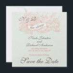 Minze Grünkoralle Rosa Save the Date Vintag<br><div class="desc">Eleganter Vintager Vogel Speichern Sie die Datumskarten mit korallrosa Kalligraphieakzenten, einschließlich der Phrase "Liebe immer", weißes Damast-Muster auf einem weichen, minzgrünen Hintergrund. Personalisieren Sie mit Ihren Monogrammen und Design wird auf Metallic Ice Paper angezeigt, das geändert werden kann. Set die Szene für Ihre romantische Vintage Hochzeit mit dieser Vogelkalligraphie und...</div>