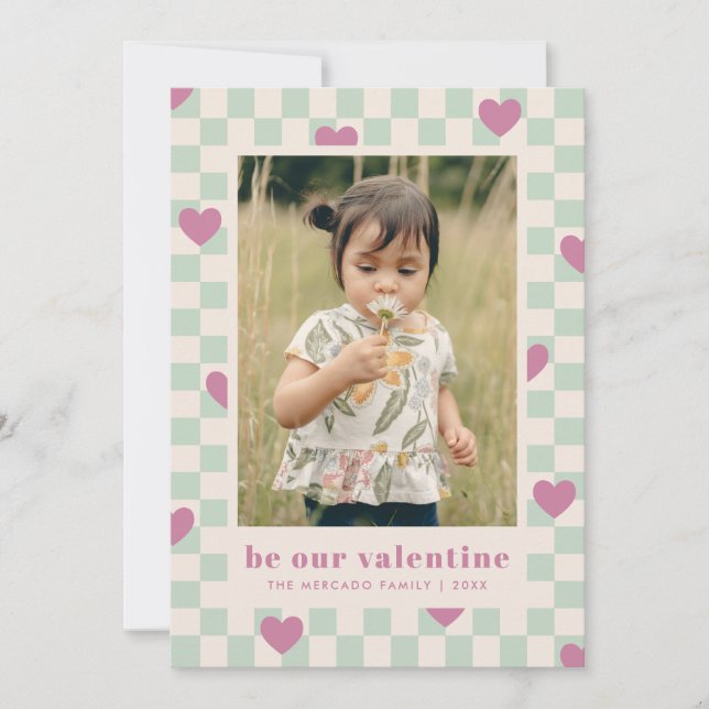 Minze Lila Herzkarte des Schachbretts Valentine Einladung (Vorderseite)