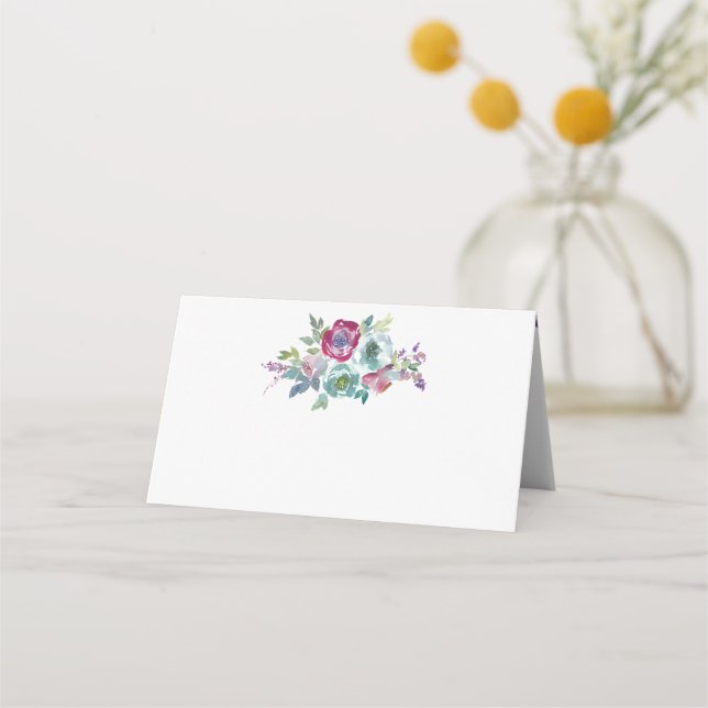 Minze & Mauve florale Aquarell Platzkarte (Vorderseite)