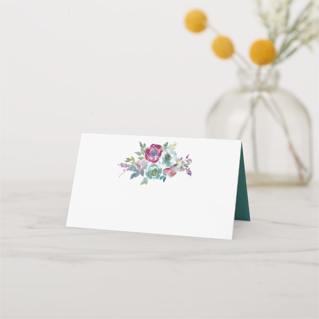 Minze & Mauve florale Aquarell Platzkarte (Vorderseite)