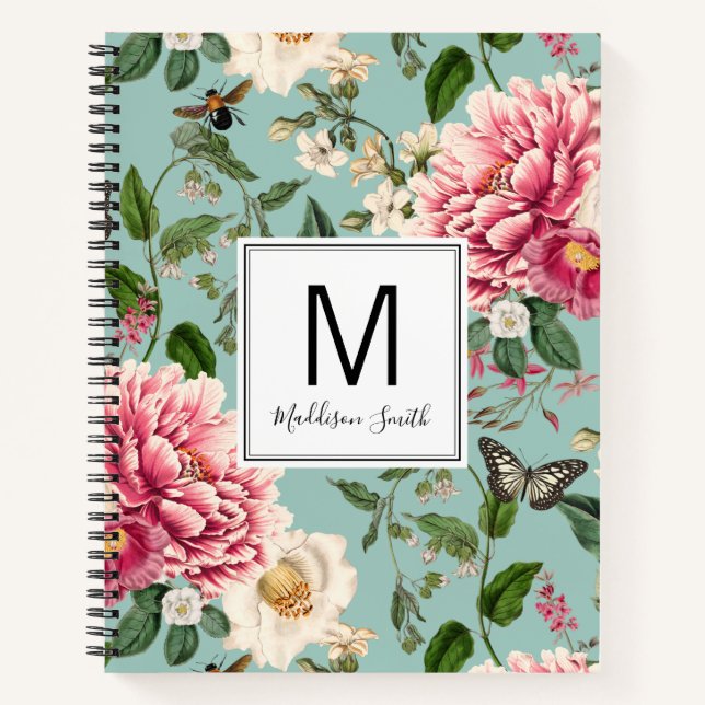 Minze Mit Monogramm Gartenblumenmuster Notizbuch (Vorderseite)