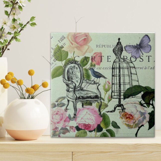minze moderne Vintage französische Rose Schmetterl Fliese (mint modern vintage french rose butterfly paris ceramic tile)