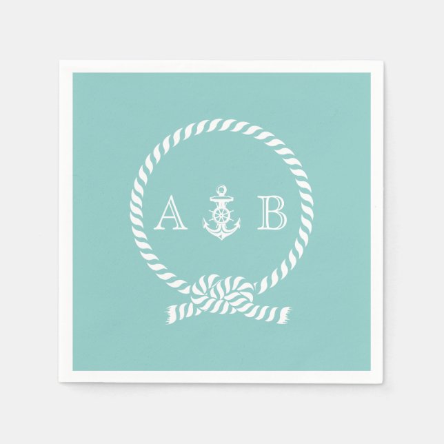 Minze Nautical Rope und Anchor Mit Monogramm Serviette (Vorderseite)