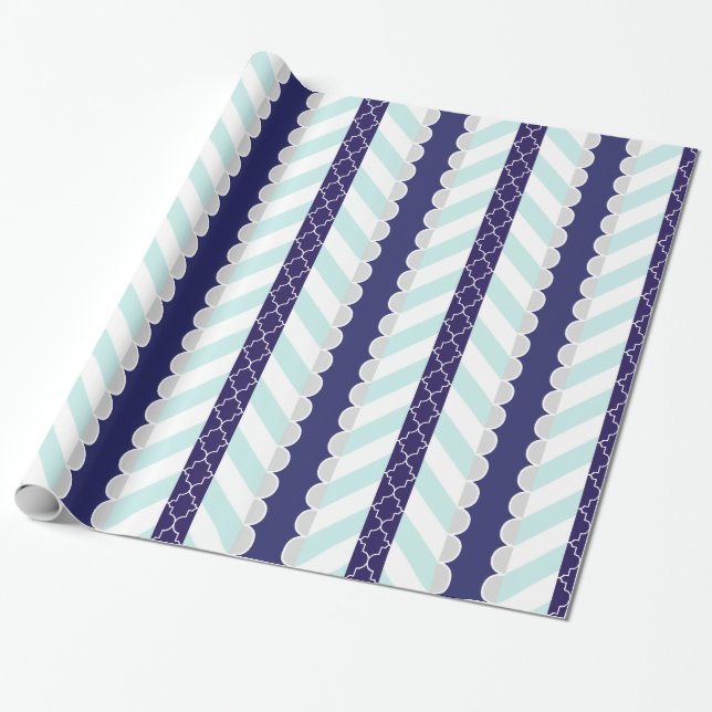 Minze, Navy Blau, weißes geometrisches Muster Geschenkpapier (Ungerollt)