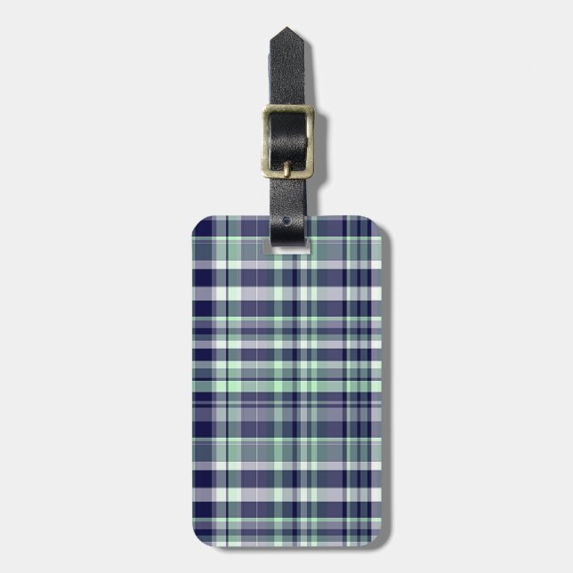 Minze, Navy Blue, White Preppy Madras Kariert Gepäckanhänger (Vorderseite vertikal)