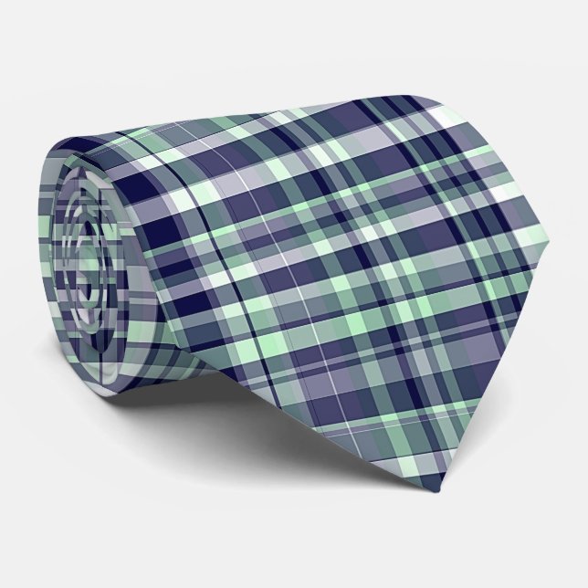 Minze, Navy Blue, White Preppy Madras Kariert Krawatte (Gerollt)