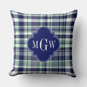 Minze Navy Weiß Preppy Madras Vierblatt Monogramm Kissen