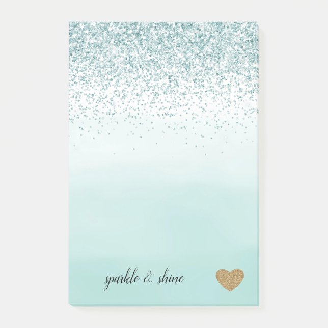 Minze Ombre Glitzer Gold Herz Post-it Klebezettel (Vorderseite)