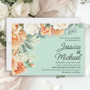 Minze-Pfirsich-Weiße Blumige Hochzeit Einladung