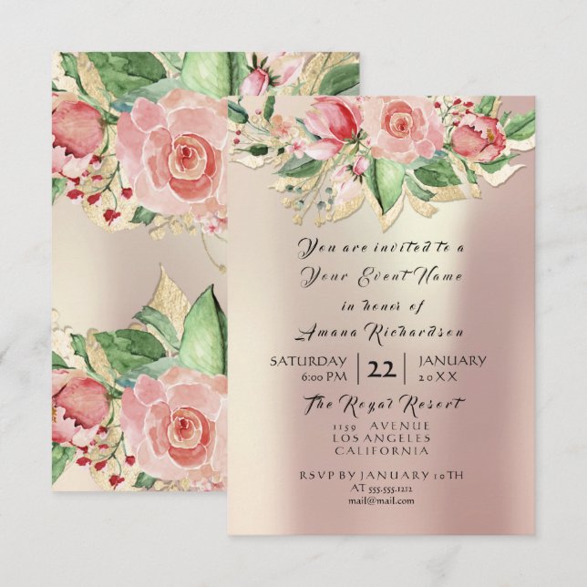 Minze Rose Champaigne Gold Floral Aquarell Perle Einladung (Vorne/Hinten)