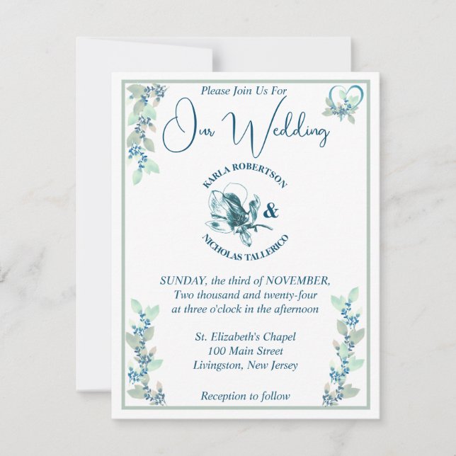 Minze, Sage und weiße Blumenhochzeit Einladung (Vorderseite)
