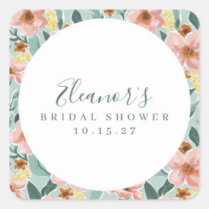 Minze Salbei Rosa Floral Schrift Brautparty Custom Quadratischer Aufkleber