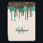Minze Schokolade Eiscreme Glitzer Tropfen Monogram iPad Pro Cover<br><div class="desc">Dieses lustige Design zeichnet sich durch einen Toprand von tropfenden Imitaten Glitzer in Eis-Farben aus: Minzgrün und Schokoladenbraun. Personalisieren Sie es mit ihrem Namen in der passenden Schokoladenbraun-Handschrift-Skript und ihrem ersten in minzgrün Serif-Schriftart auf einem Elfenbeinhintergrund.</div>