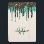 Minze Schokolade Eiscreme Glitzer Tropfen Monogram iPad Pro Cover<br><div class="desc">Dieses lustige Design zeichnet sich durch einen Toprand von tropfenden Imitaten Glitzer in Eis-Farben aus: Minzgrün und Schokoladenbraun. Personalisieren Sie es mit ihrem Namen in der passenden Schokoladenbraun-Handschrift-Skript und ihrem ersten in minzgrün Serif-Schriftart auf einem Elfenbeinhintergrund.</div>