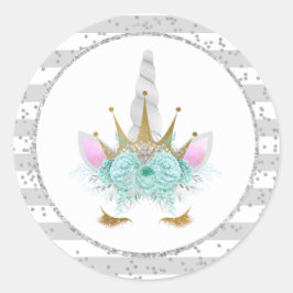 Minze, Silber & Gold Einhorndruckerin Runder Aufkleber