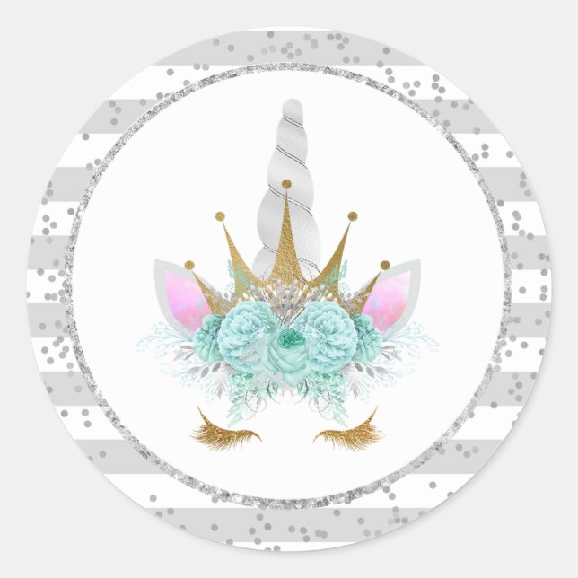 Minze, Silber & Gold Einhorndruckerin Runder Aufkleber (Vorderseite)
