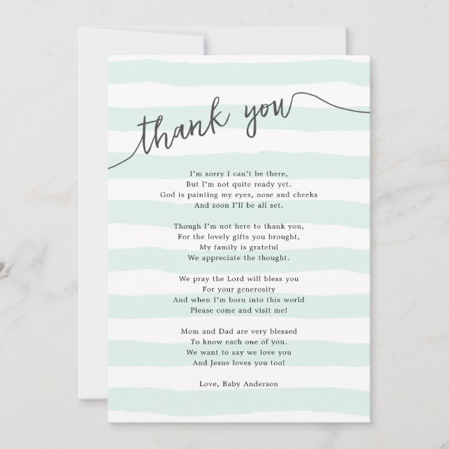 Minze Stripes neutrales Babyparty-Gedicht Dankeskarte (Vorderseite)