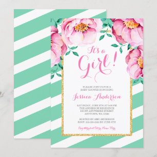 Minze Stripes rosa Aquarell-BlumenBabyparty Einladung