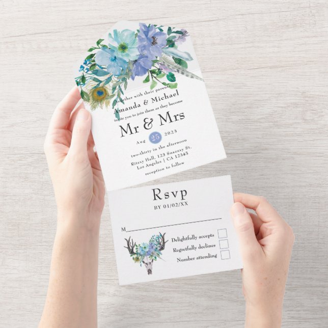 Minze und Blue Boho Blumenhochzeit All In One Einladung (Abreißen)