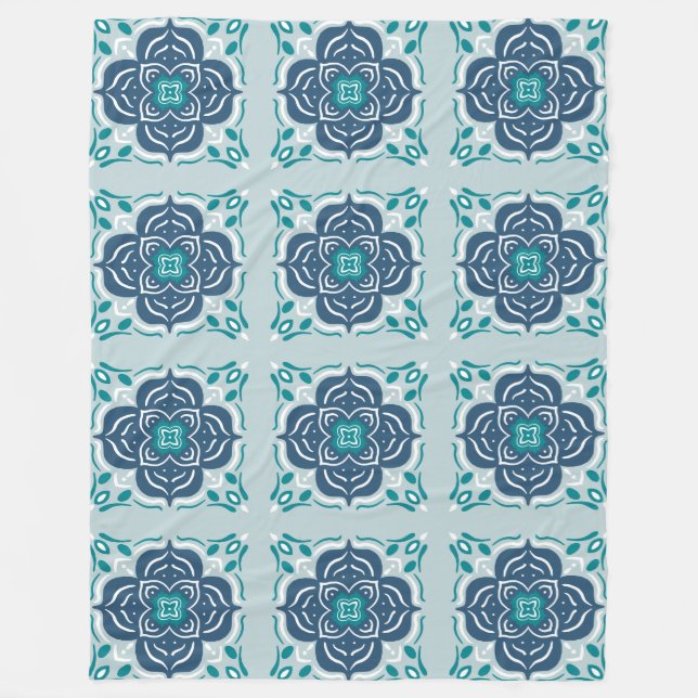 Minze und Blue Mandala Tile Geometrisches Muster B Fleecedecke (Vorderseite)