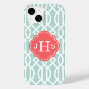Minze und Coral Modern Trellis Custom Monogram Case-Mate iPhone 14 Hülle