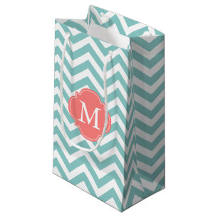 Minze und Coral Zigzag Muster Monogram Kleine Geschenktüte