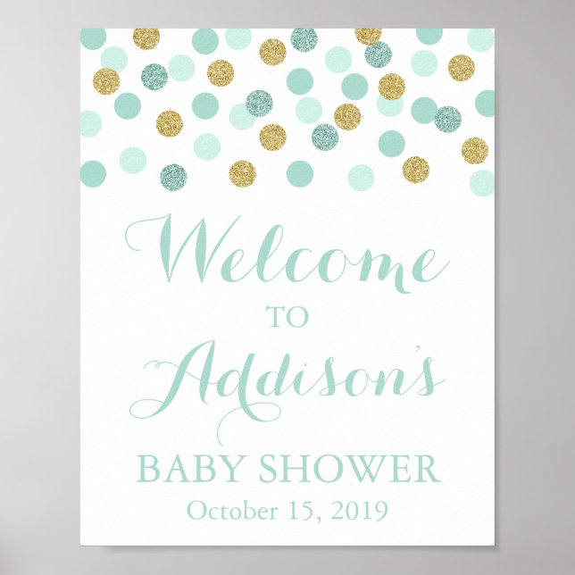 Minze und Gold Baby Dusche Begrüßungszeichen Plaka Poster (Vorne)