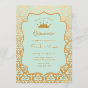 Minze und Gold Damask Glam Modern Quinceanera Einladung