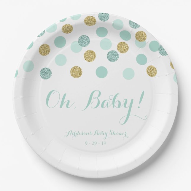 Minze und Gold Glitzer Baby Duschpapier Teller (Vorderseite)