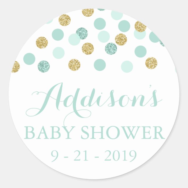 Minze und Gold Glitzer Baby Shower Aufkleber (Vorderseite)