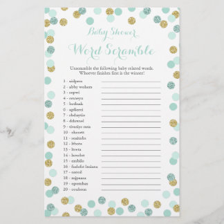 Minze und Gold Glitzer Baby Shower Word Scramble Flyer