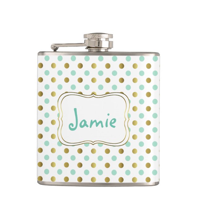 Minze und Gold Polka Dot Custom Flask Flachmann (Vorderseite)