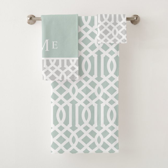 Minze und Gray Trellis Monogramm | Editierbare Far Badhandtuch Set (Insitu)