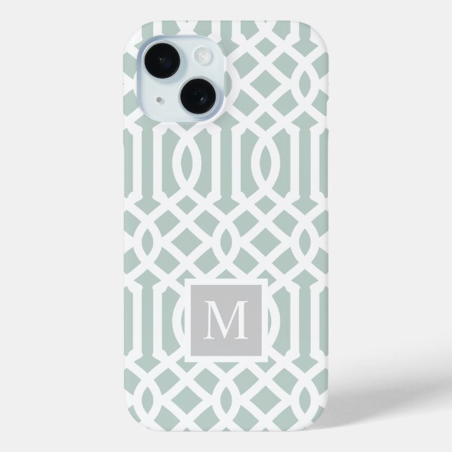 Minze und Gray Trellis Monogramm | Editierbare Far Case-Mate iPhone Hülle (Rückseite)