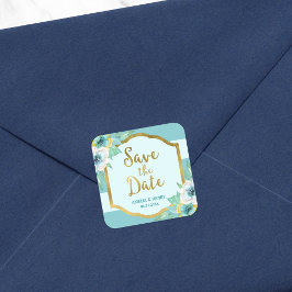 Minze und Imitate Gold Floral Save the Date Quadratischer Aufkleber