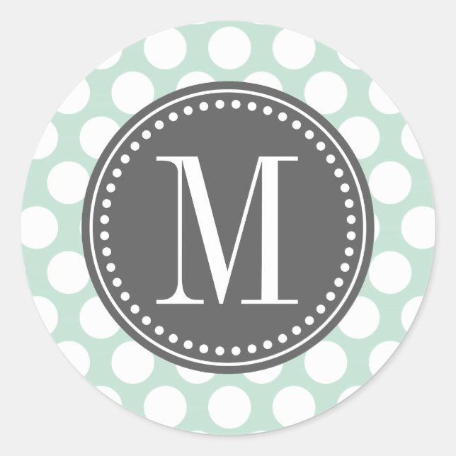 Minze und Kohle | Big Polka Dots Mit Monogramm Runder Aufkleber (Vorderseite)