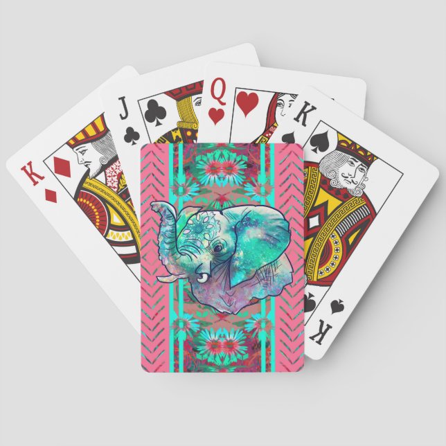 Minze und Korallenflorenstamm Boho Elefant Spielkarten (Rückseite)