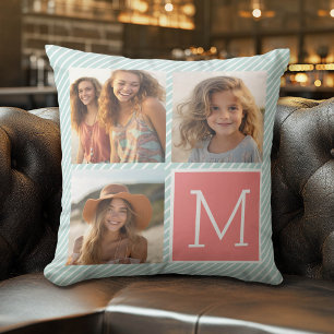 Minze und Korallenfoto-Collage Custom Monogram Kissen