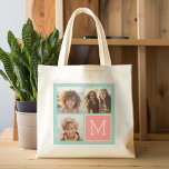 Minze und Korallenfoto-Collage Custom Monogram Tragetasche<br><div class="desc">Verwenden Sie 3 quadratische Fotos,  um ein einzigartiges und persönliches Geschenk zu schaffen. Oder man behalte den Hipster Welpe und macht einen trendigen Sake. Wenn Sie die Bilder anpassen müssen,  klicken Sie auf das Werkzeug anpassen,  um Änderungen vorzunehmen.</div>