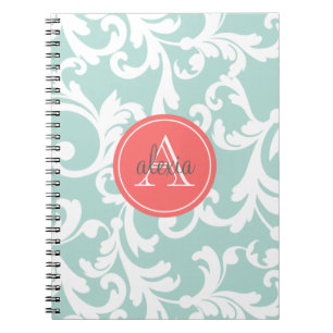 Minze und korallenroter mit Monogramm Damast-Druck Notizblock
