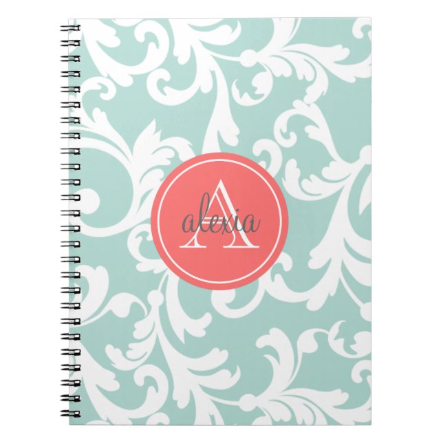 Minze und korallenroter mit Monogramm Damast-Druck Notizblock (Vorderseite)