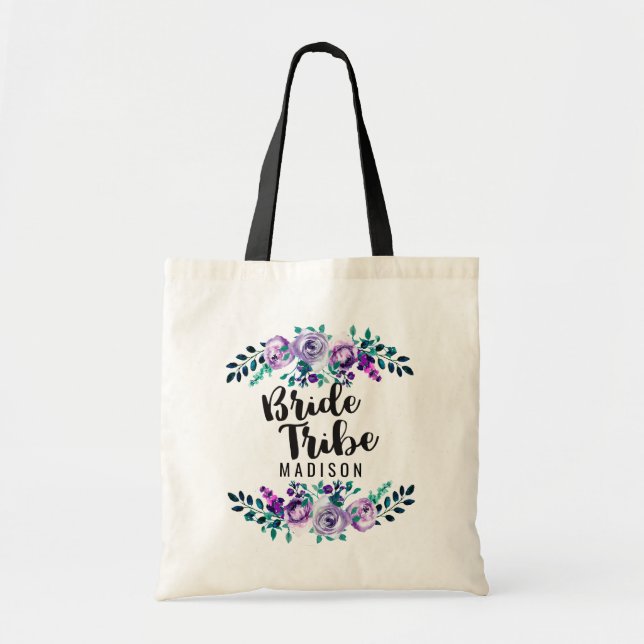 Minze und Lila Blumenreath Wedding Bride Stamm Tragetasche (Vorne)