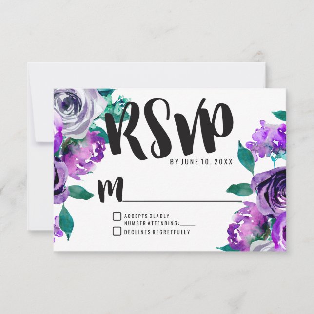 Minze und Lila florale Rose Hochzeit RSVP Reaktion (Vorderseite)