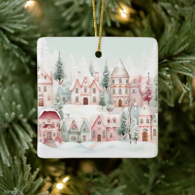 Minze und rosa Gemütliche Wasserfarben Winterlands Keramikornament (Baum)