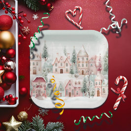 Minze und rosa Gemütliche Wasserfarben Winterlands Pappteller